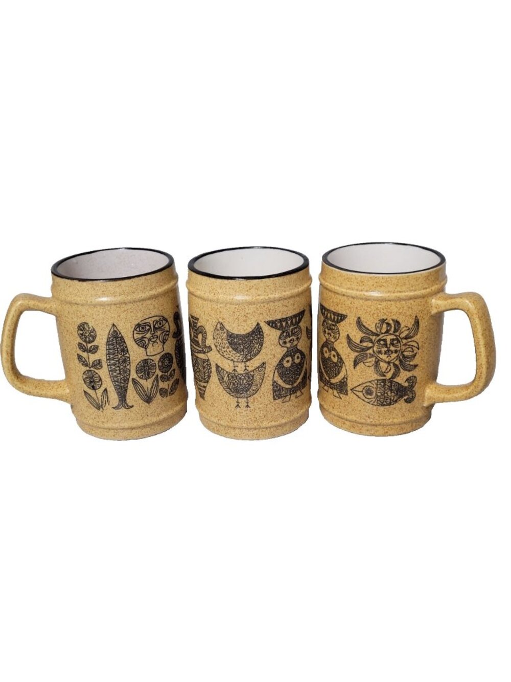Vintage Coffee Cups Set of‎ 3 Aztec Greek Minoan Folk Figures Gold Brown  MCM